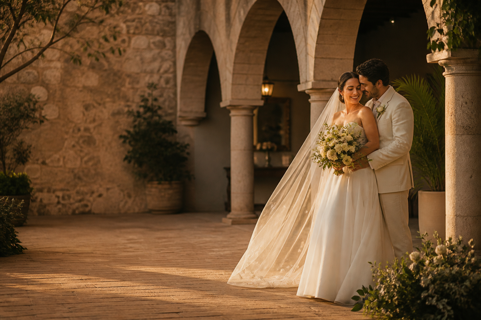 Pareja de recién casados en una hacienda al atardecer